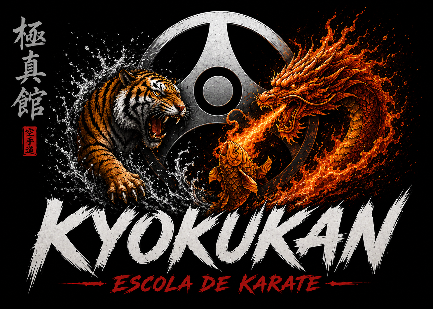 Arte Kyokukan con tigre, dragón y kanji